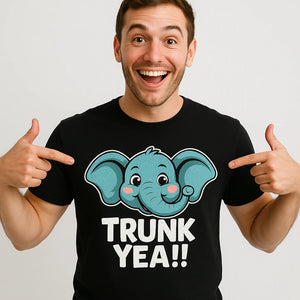 Close-up of the "Trunk Yeah" gray print on a premium Bella+Canvas black elephant shirts