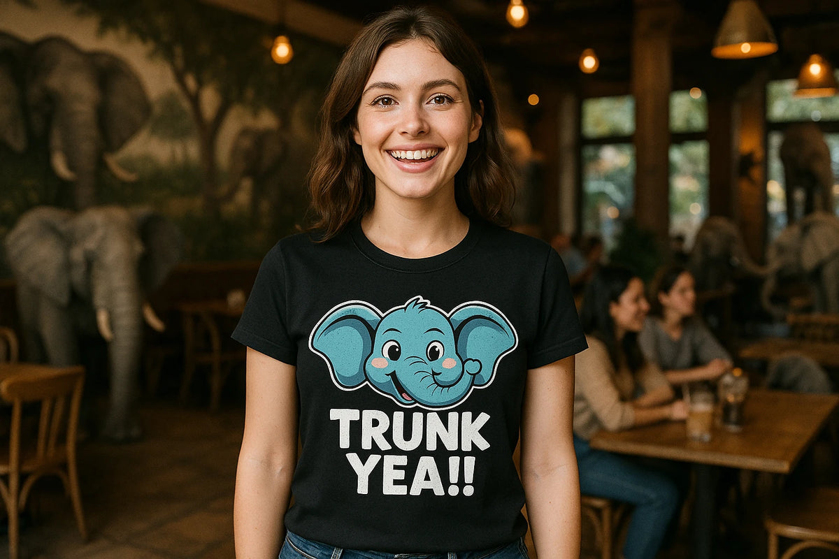 Lifestyle shot of the "Trunk Yeah" black elephant shirts in a real-world setting