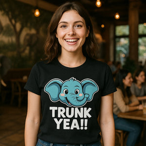 Lifestyle shot of the "Trunk Yeah" black elephant shirts in a real-world setting