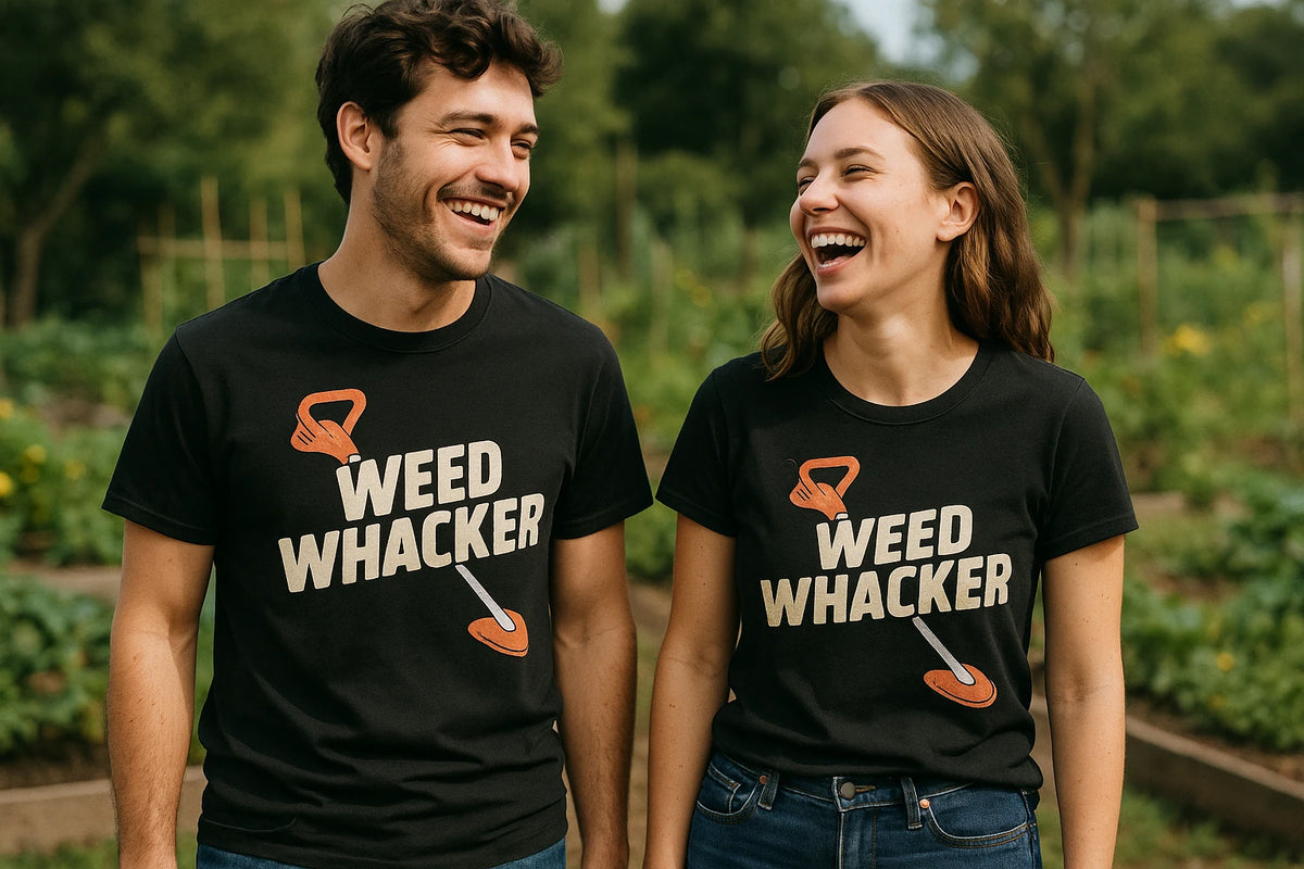 Person wearing the black gardening tshirts graphic tee - "Weed Whacker" design