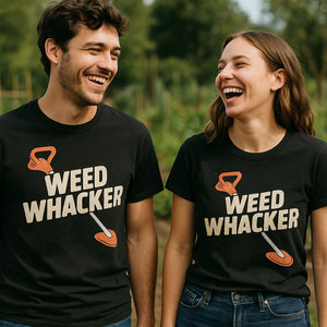 Person wearing the black gardening tshirts graphic tee - "Weed Whacker" design