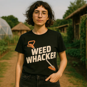 Lifestyle shot of the "Weed Whacker" black gardening tshirts in a real-world setting