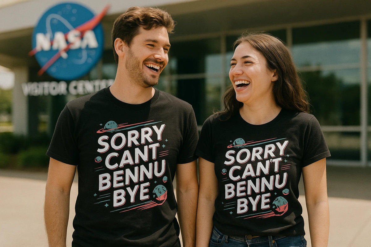 Person wearing the black asteroid t shirt graphic tee - "Sorry Cant Bennu Bye" design