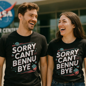 Person wearing the black asteroid t shirt graphic tee - "Sorry Cant Bennu Bye" design