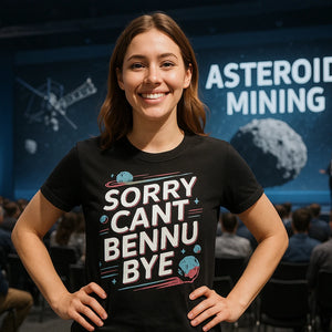 Lifestyle shot of the "Sorry Cant Bennu Bye" black asteroid t shirt in a real-world setting