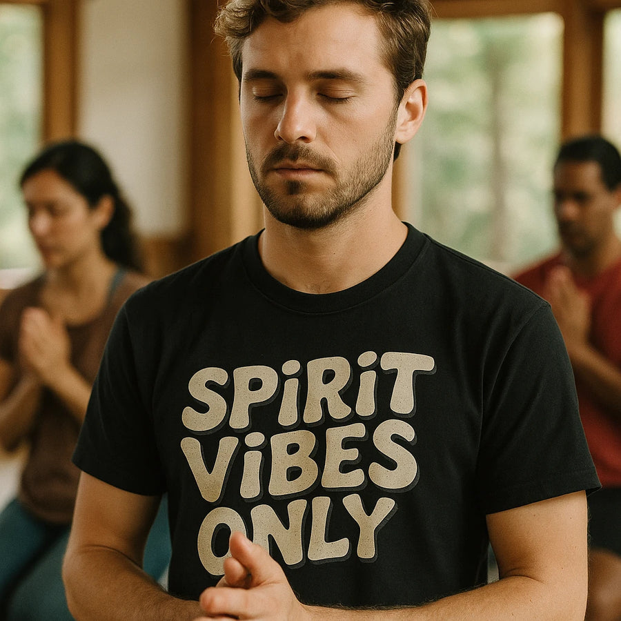 A person with short brown hair and a beard is standing with eyes closed, wearing a black shirt that says "SPIRIT VIBES ONLY" in bold white letters. The person appears to be meditating or in a peaceful state, with hands gently clasped. In the background, two other people are also seen with eyes closed, indicating a group meditation or relaxation setting. The room has a natural light ambiance with greenery visible outside.
