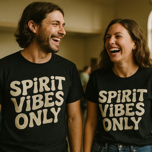 Person wearing the black faith shirts for men graphic tee - "Spirit Vibes Only" design