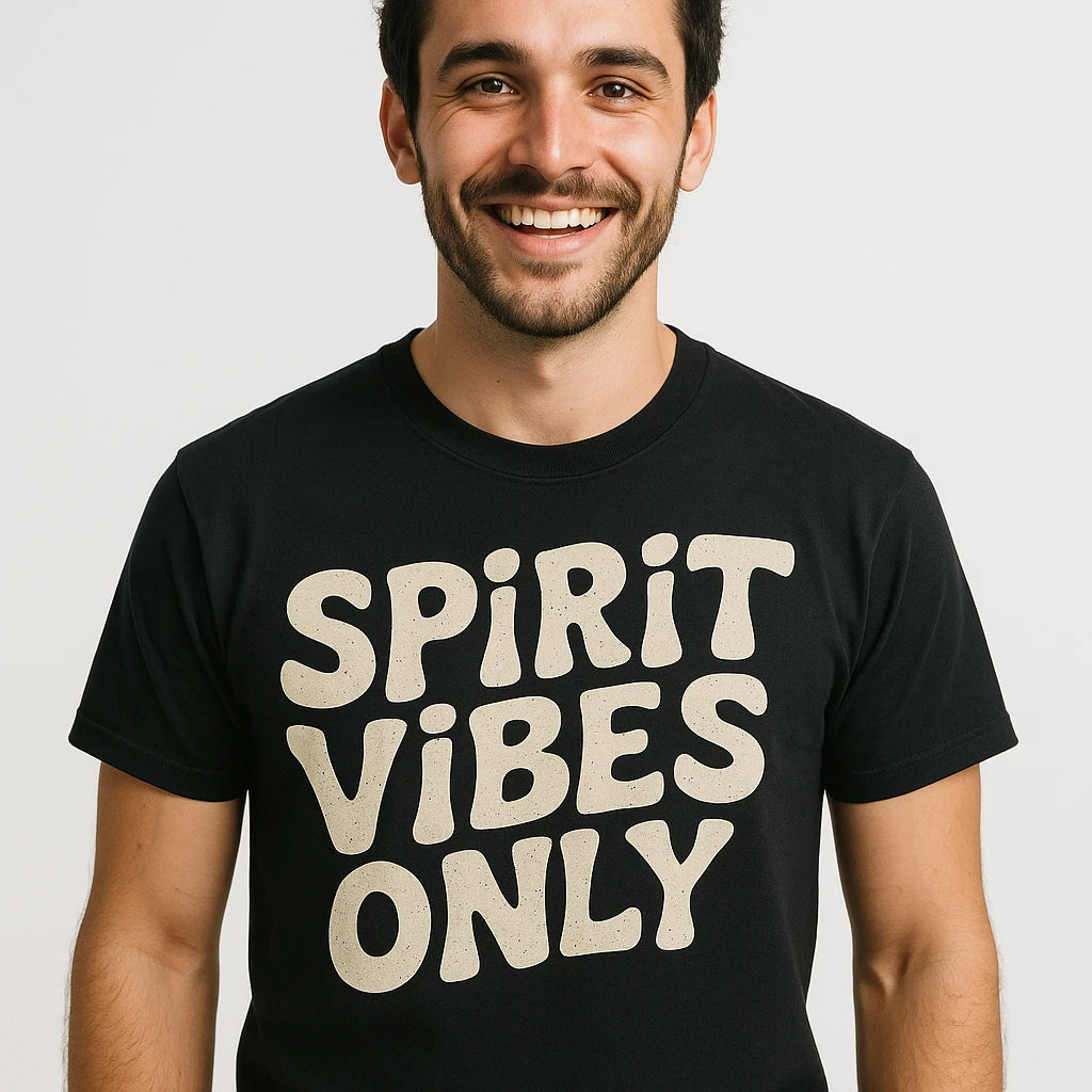A person with short dark hair and a beard is smiling while wearing a black t-shirt with light-colored text that reads "SPIRIT VIBES ONLY." The background is plain white.