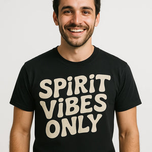 Close-up of the "Spirit Vibes Only" beige print on a premium Bella+Canvas black faith shirts for men