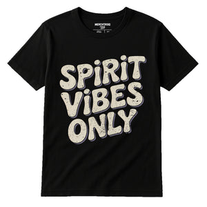 Black Faith Shirts For Men - "Spirit Vibes Only" graphic tee with beige print, flat lay product photo