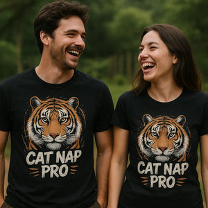 Person wearing the black tiger t shirt graphic tee - "Cat Nap Pro" design