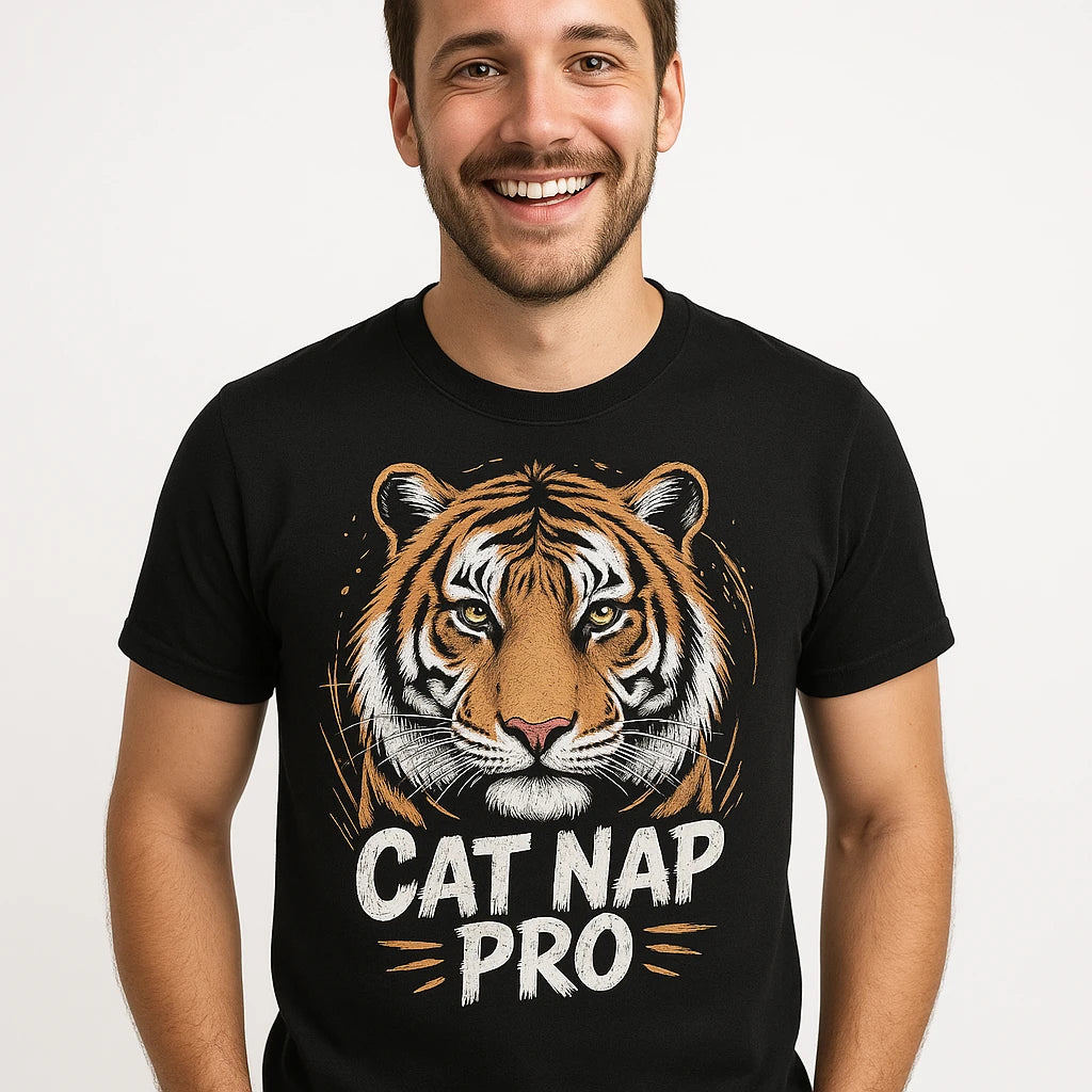 Close-up of the "Cat Nap Pro" gold print on a premium Bella+Canvas black tiger t shirt