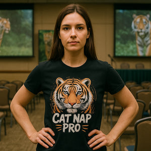 Lifestyle shot of the "Cat Nap Pro" black tiger t shirt in a real-world setting