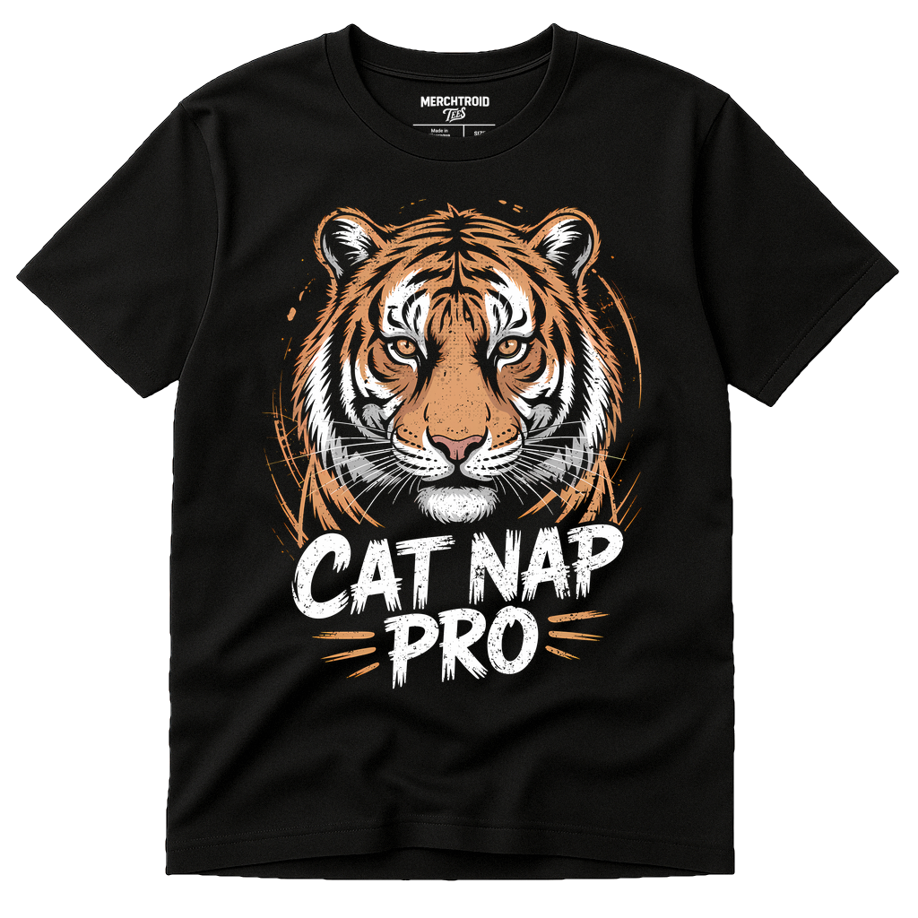 Black Tiger T Shirt - "Cat Nap Pro" graphic tee with gold print, flat lay product photo