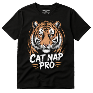 Black Tiger T Shirt - "Cat Nap Pro" graphic tee with gold print, flat lay product photo