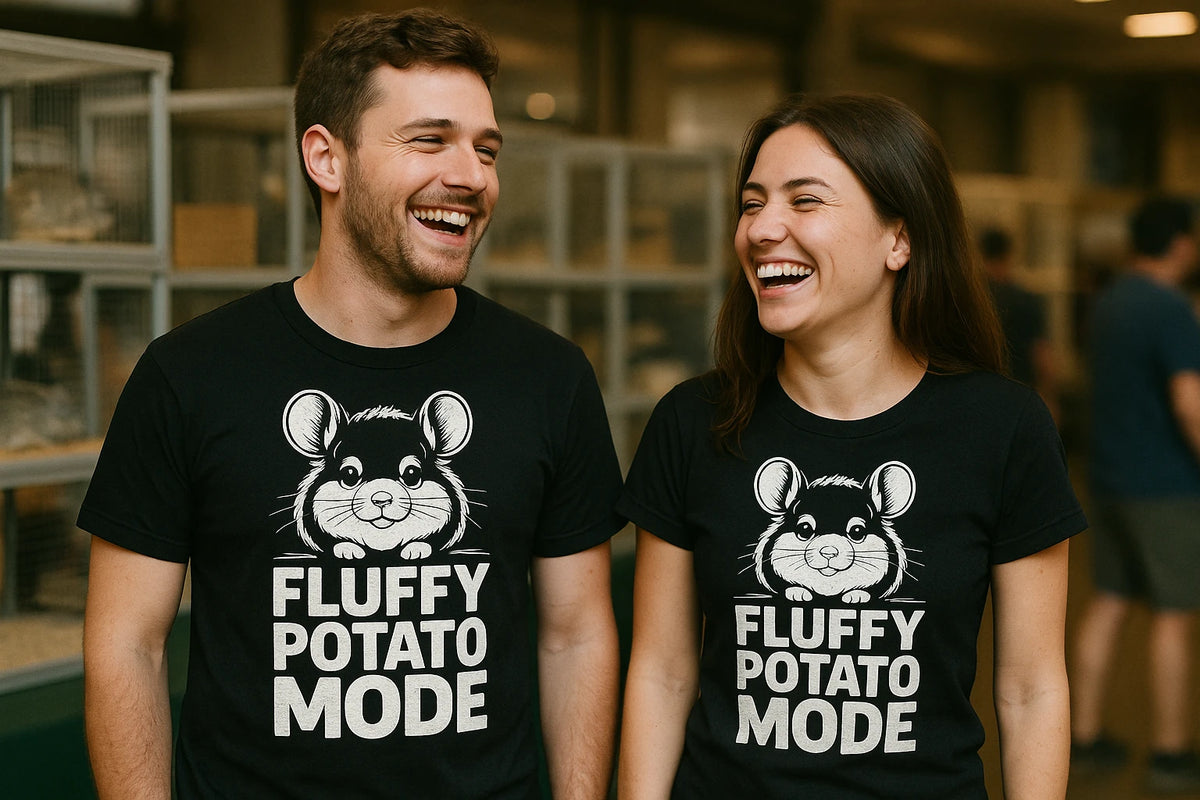 Person wearing the black chinchilla shirts graphic tee - "Fluffy Potato Mode" design