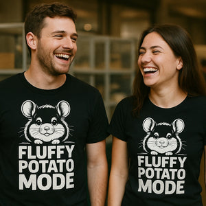Person wearing the black chinchilla shirts graphic tee - "Fluffy Potato Mode" design