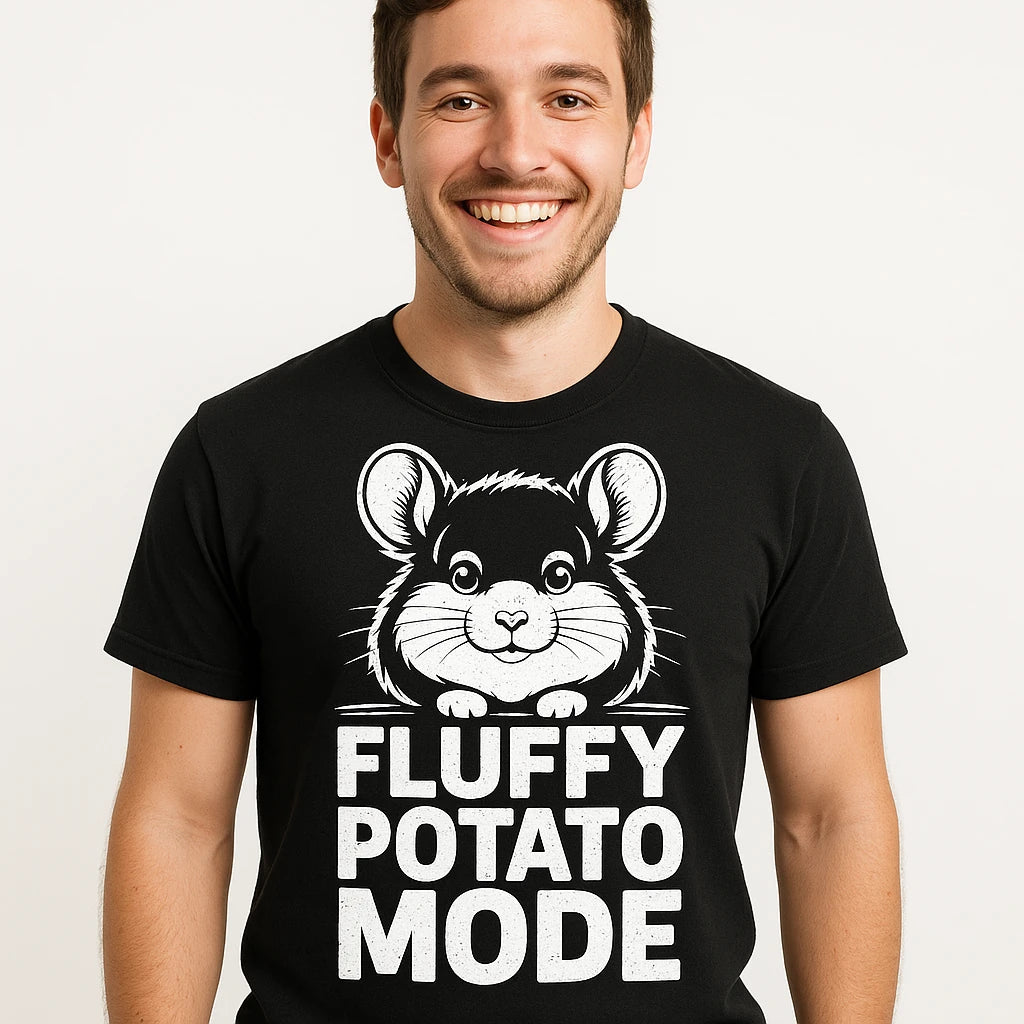 Close-up of the "Fluffy Potato Mode" white print on a premium Bella+Canvas black chinchilla shirts