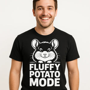 Close-up of the "Fluffy Potato Mode" white print on a premium Bella+Canvas black chinchilla shirts