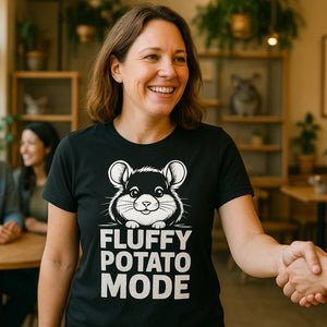 Lifestyle shot of the "Fluffy Potato Mode" black chinchilla shirts in a real-world setting