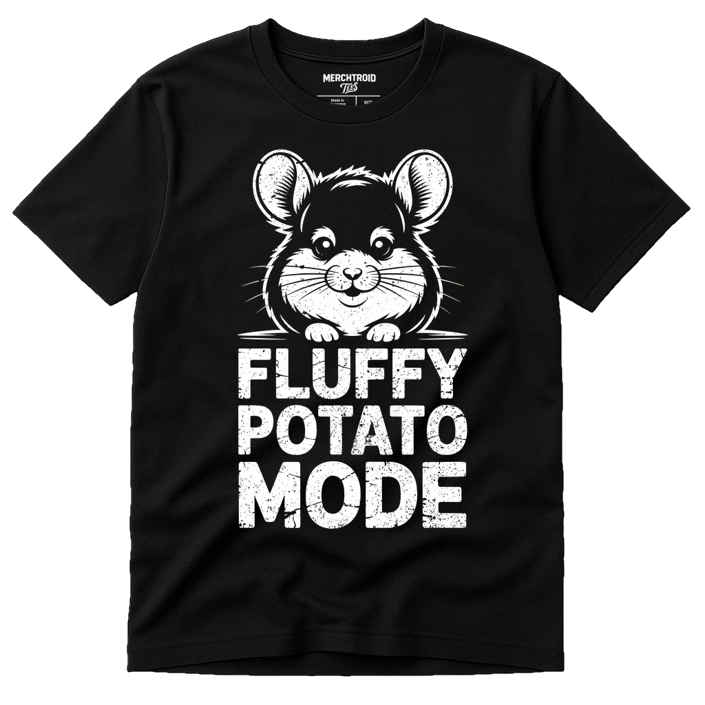 Black Chinchilla Shirts - "Fluffy Potato Mode" graphic tee with white print, flat lay product photo