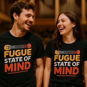 Person wearing the black classical music t shirt graphic tee - "Fugue State of Mind" design