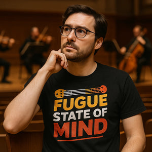 Lifestyle shot of the "Fugue State of Mind" black classical music t shirt in a real-world setting
