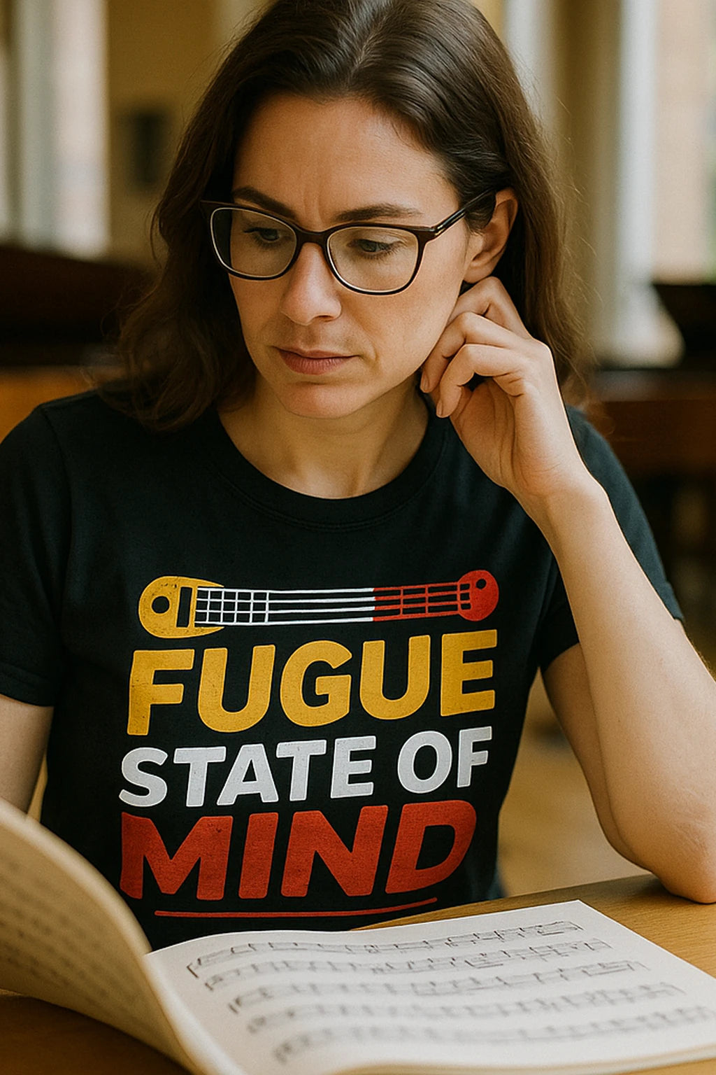 "Fugue State of Mind" black classical music t shirt, photographed as gift for classical music lover