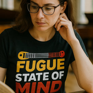 "Fugue State of Mind" black classical music t shirt, photographed as gift for classical music lover
