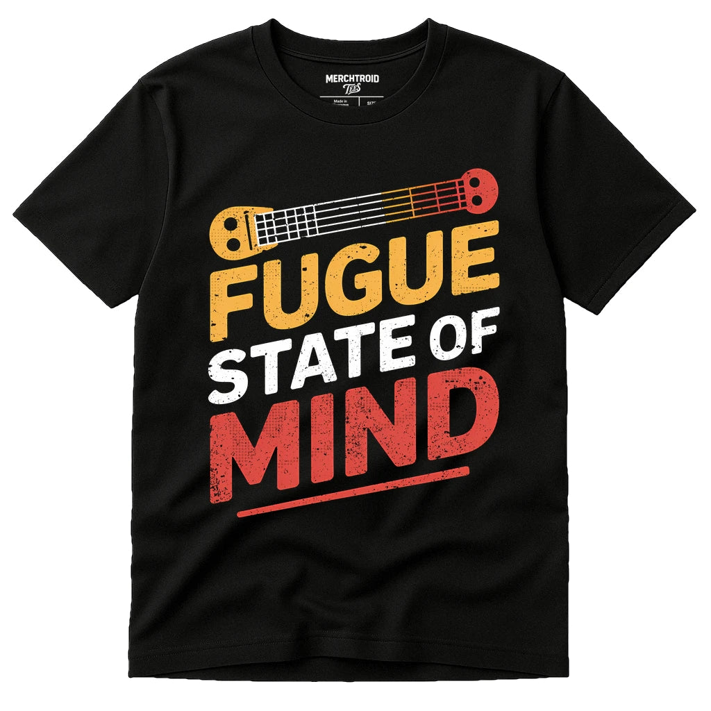 Black Classical Music T Shirt - "Fugue State of Mind" graphic tee with orange print, flat lay product photo