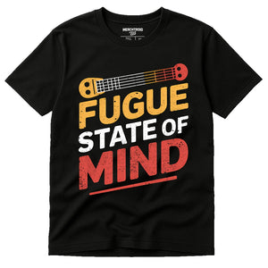 Black Classical Music T Shirt - "Fugue State of Mind" graphic tee with orange print, flat lay product photo