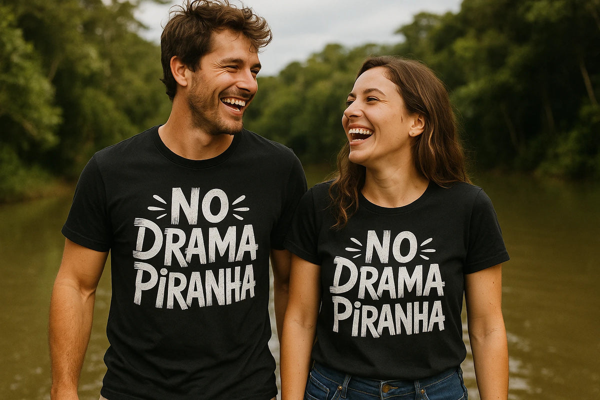 Person wearing the black piranha t shirt graphic tee - "No Drama Piranha" design