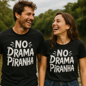 Person wearing the black piranha t shirt graphic tee - "No Drama Piranha" design