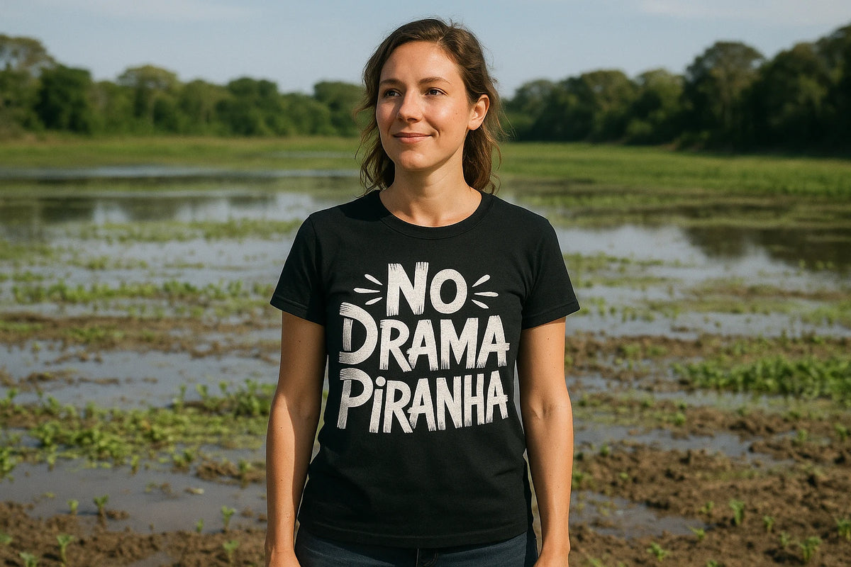 Lifestyle shot of the "No Drama Piranha" black piranha t shirt in a real-world setting