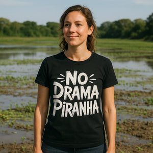 Lifestyle shot of the "No Drama Piranha" black piranha t shirt in a real-world setting