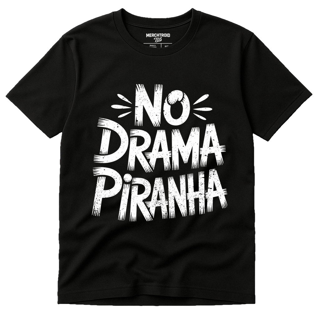 Black Piranha T Shirt - "No Drama Piranha" graphic tee with white print, flat lay product photo