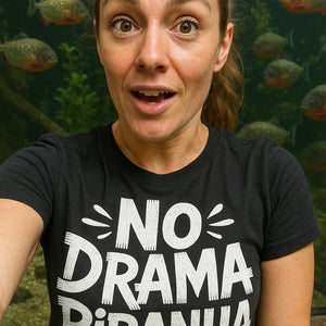 "No Drama Piranha" black piranha t shirt, photographed as piranha lover gift