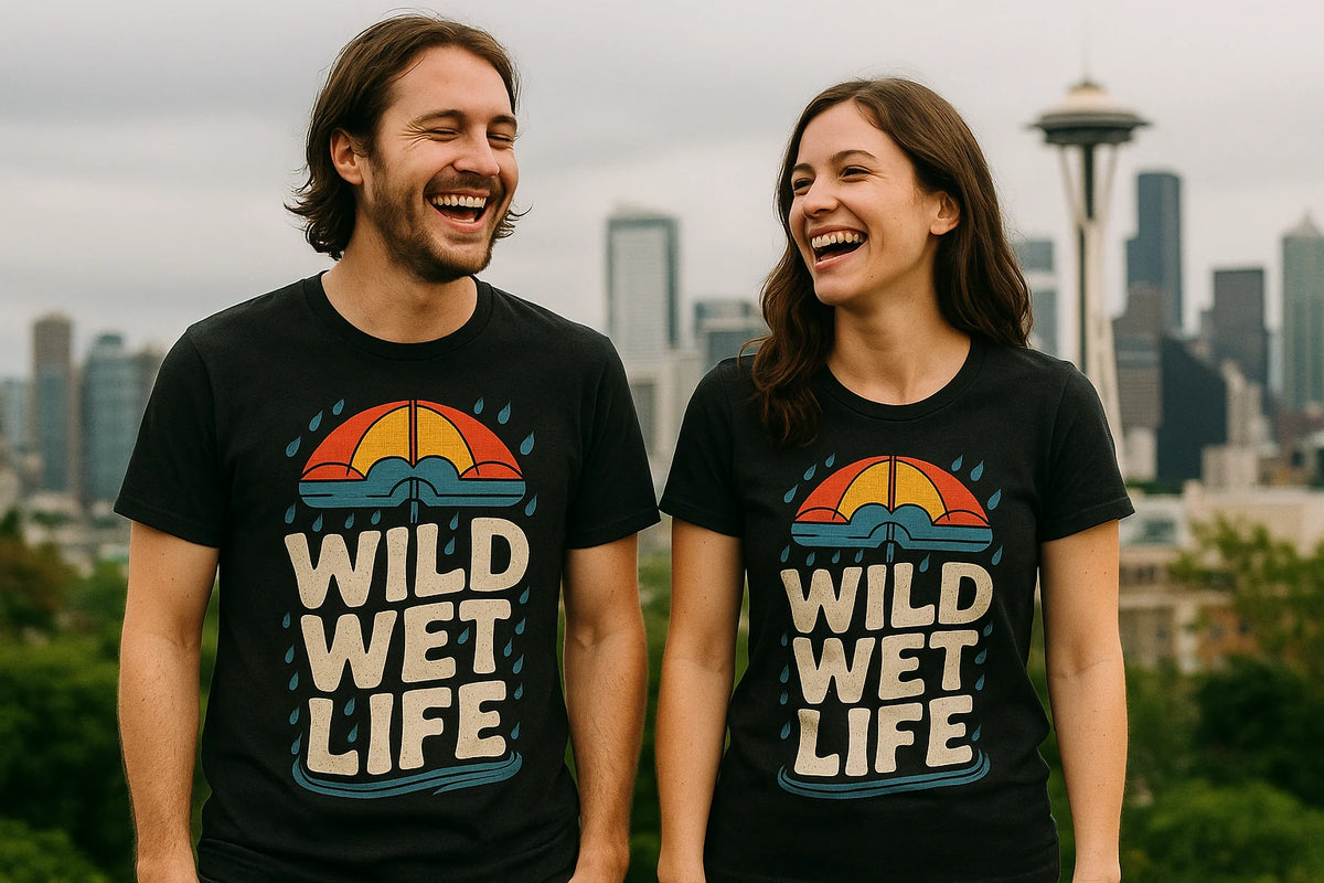 Person wearing the black purple rain t shirt vintage graphic tee - "Wild Wet Life" design