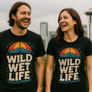 Person wearing the black purple rain t shirt vintage graphic tee - "Wild Wet Life" design
