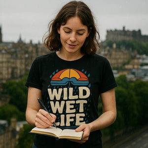 Lifestyle shot of the "Wild Wet Life" black purple rain t shirt vintage in a real-world setting