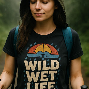 "Wild Wet Life" black purple rain t shirt vintage, photographed as gifts for rain lovers