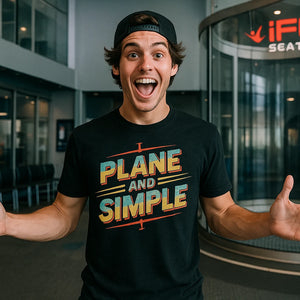 Lifestyle shot of the "Plane and Simple" black flying tees in a real-world setting