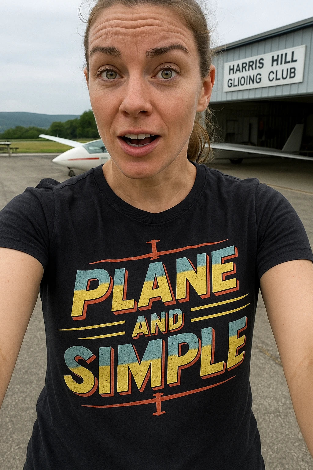 "Plane and Simple" black flying tees, photographed as flying lover gift