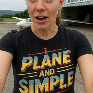 "Plane and Simple" black flying tees, photographed as flying lover gift