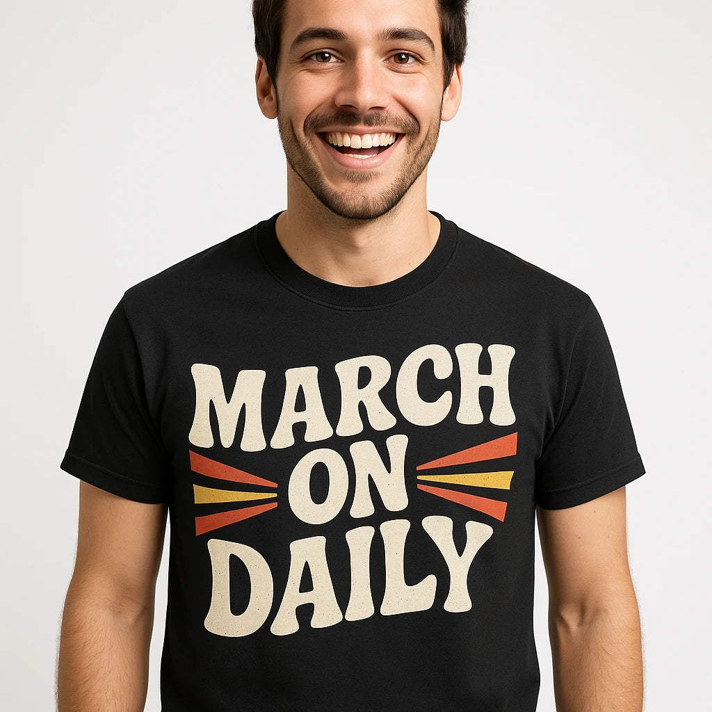 Close-up of the "March on Daily" beige print on a premium Bella+Canvas black activism t shirt