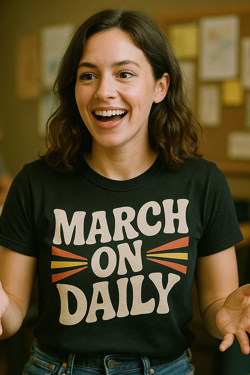 "March on Daily" black activism t shirt, photographed as activism lover gift
