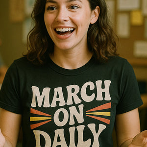 "March on Daily" black activism t shirt, photographed as activism lover gift
