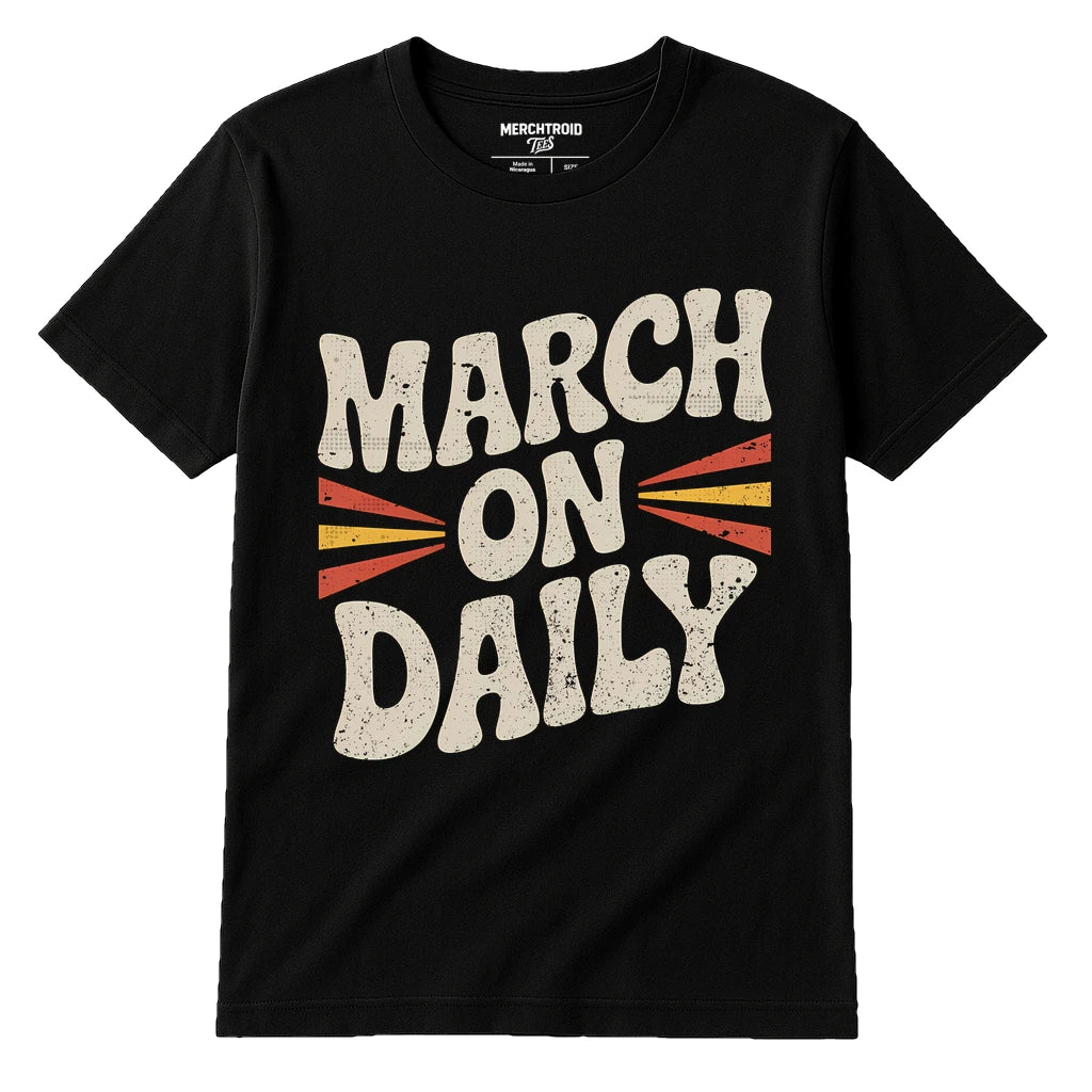 Black Activism T Shirt - "March on Daily" graphic tee with beige print, flat lay product photo