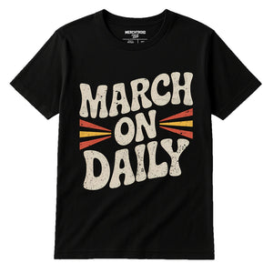Black Activism T Shirt - "March on Daily" graphic tee with beige print, flat lay product photo