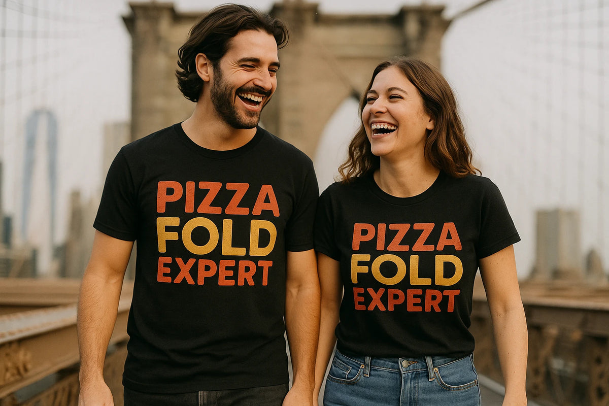 Person wearing the black new york city sweatshirt graphic tee - "Pizza Fold Expert" design